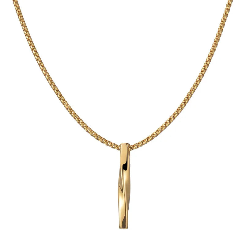 Freigestellte, goldfarbene Edelstahl-Kette mit einem verdrehten Stab-Anhänger (Produktansicht).