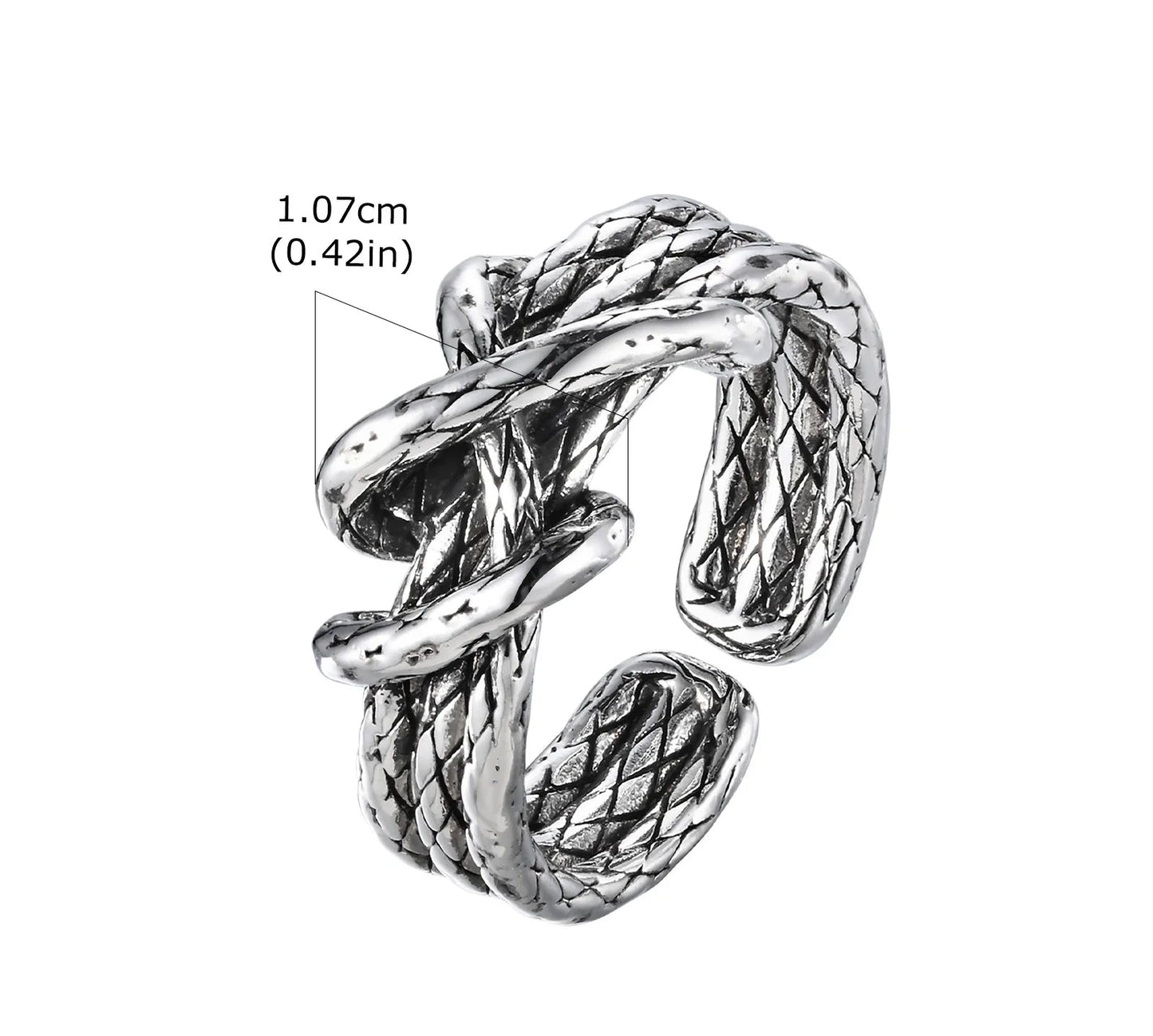 Produktdetail-Grafik des offenen Edelstahl-Knotenrings mit Maßangabe der Höhe: 1.07cm (0.42 Zoll).