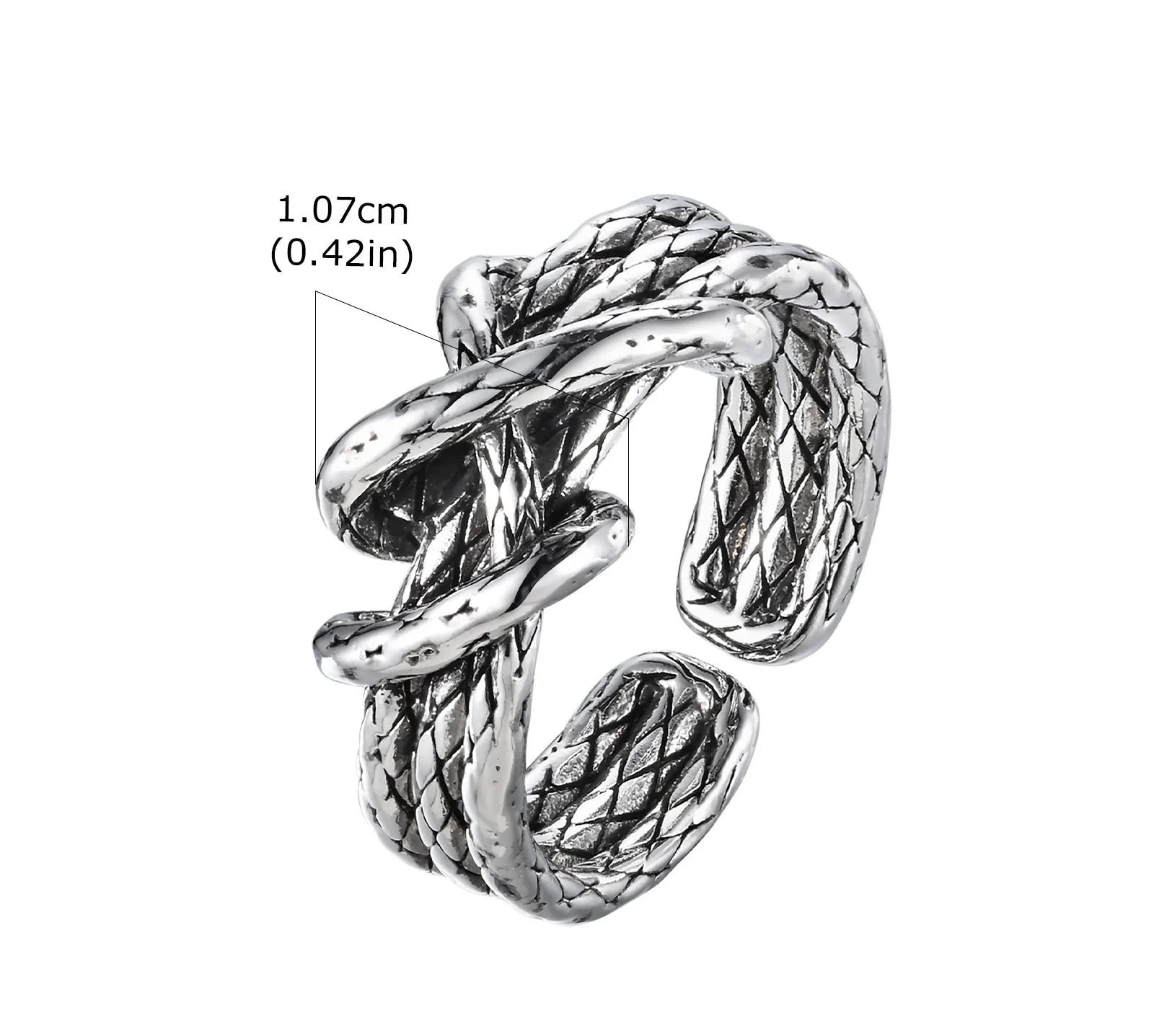 Produktdetail-Grafik des offenen Edelstahl-Knotenrings mit Maßangabe der Höhe: 1.07cm (0.42 Zoll).