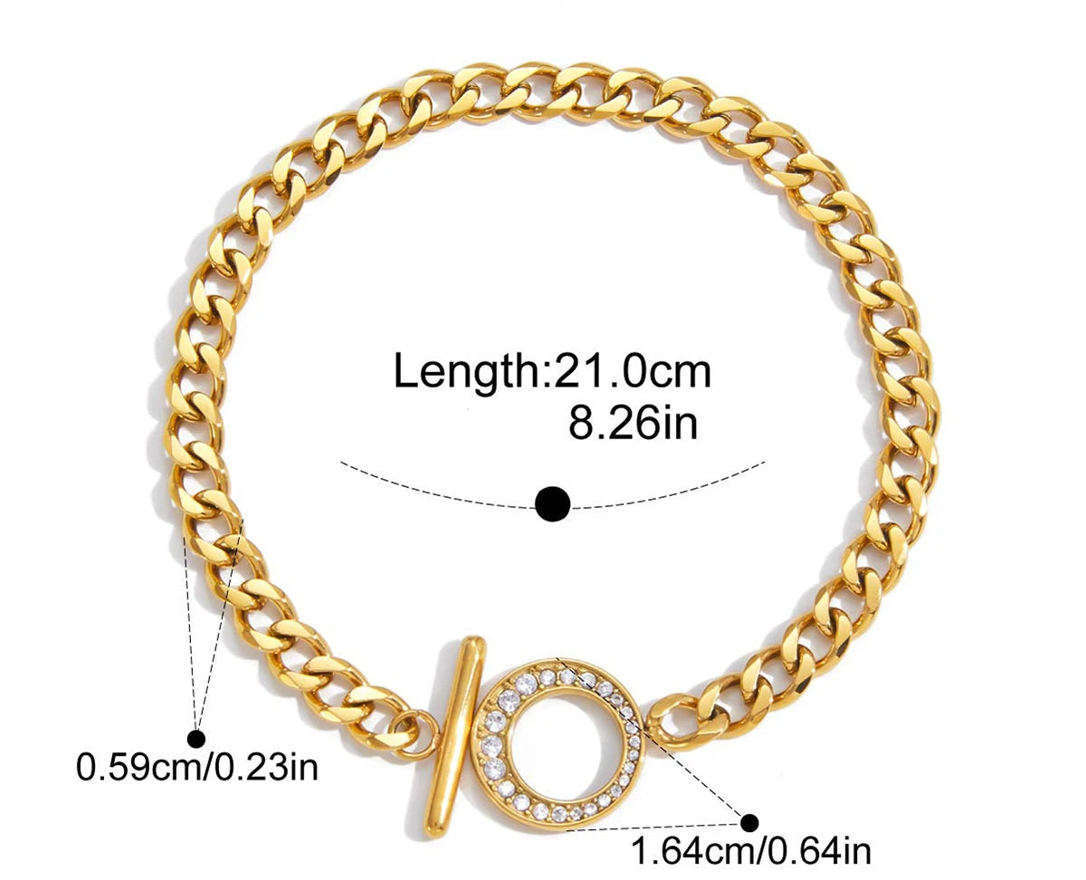 Produktgrafik des Armbands mit technischen Daten: Länge 21,0 cm (8,26 Zoll), Breite der Kettenglieder 0,59 cm (0,23 Zoll) und Durchmesser des Zirkonia-Rings 1,64 cm (0,64 Zoll).