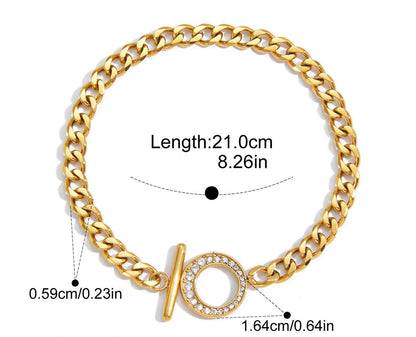 Produktgrafik des Armbands mit technischen Daten: Länge 21,0 cm (8,26 Zoll), Breite der Kettenglieder 0,59 cm (0,23 Zoll) und Durchmesser des Zirkonia-Rings 1,64 cm (0,64 Zoll).