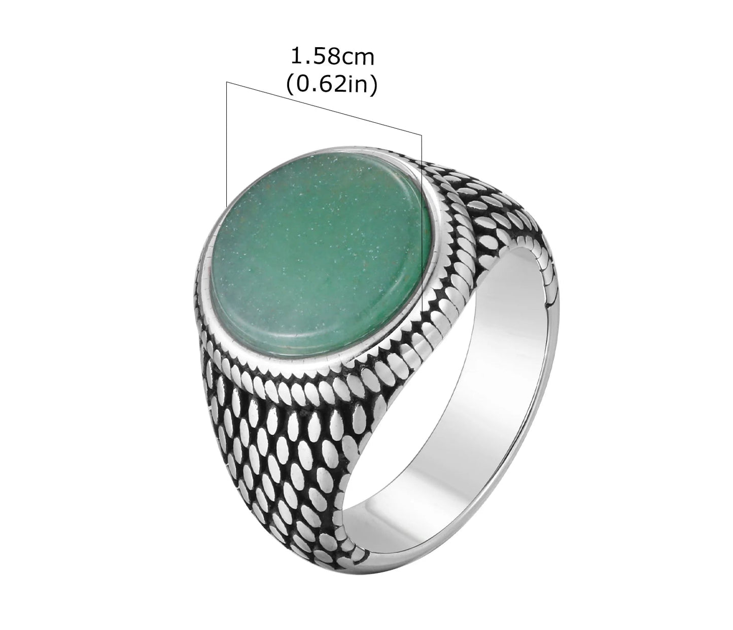 Produktgrafik des Vintage-Siegelrings mit Maßen: Durchmesser der Steinfläche 1,58 cm (0.62 in). Gewicht 10g (0.35 oz), Material: Edelstahl mit grünem Schmuckstein und strukturierter Ringschiene.