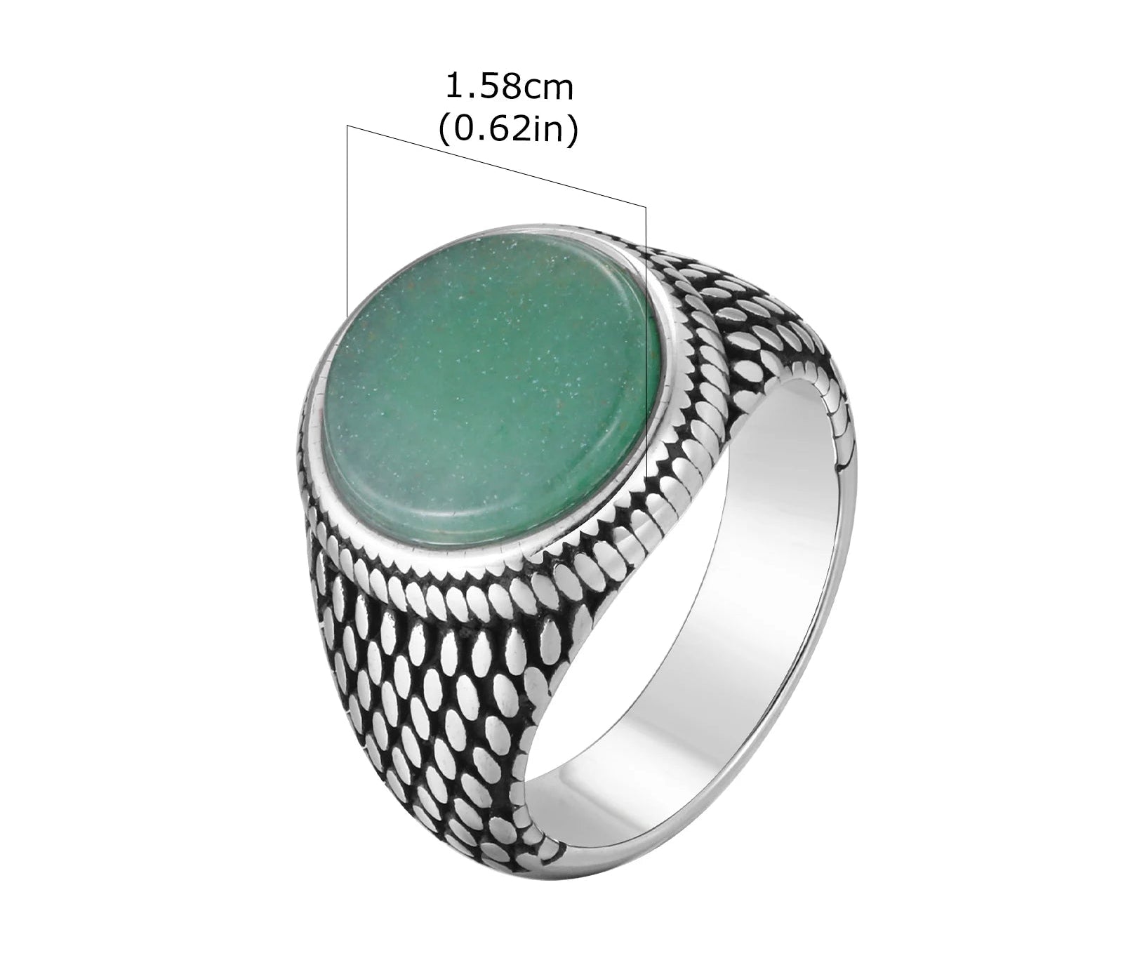 Produktgrafik des Vintage-Siegelrings mit Maßen: Durchmesser der Steinfläche 1,58 cm (0.62 in). Gewicht 10g (0.35 oz), Material: Edelstahl mit grünem Schmuckstein und strukturierter Ringschiene.