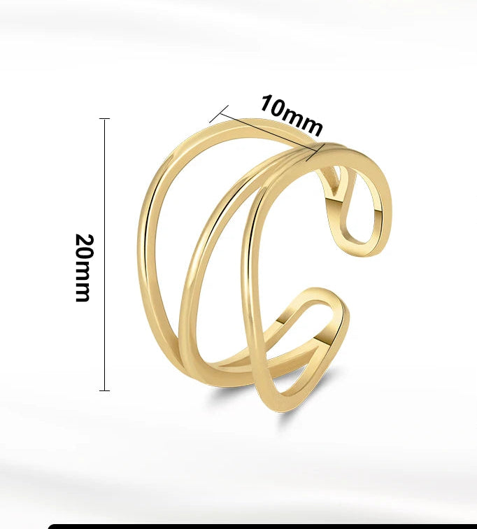 Freigestellter, 14K Gold vergoldeter Ring aus 925er Sterling Silber mit zwei Wickelringen (Breite 10mm, Länge 20mm).