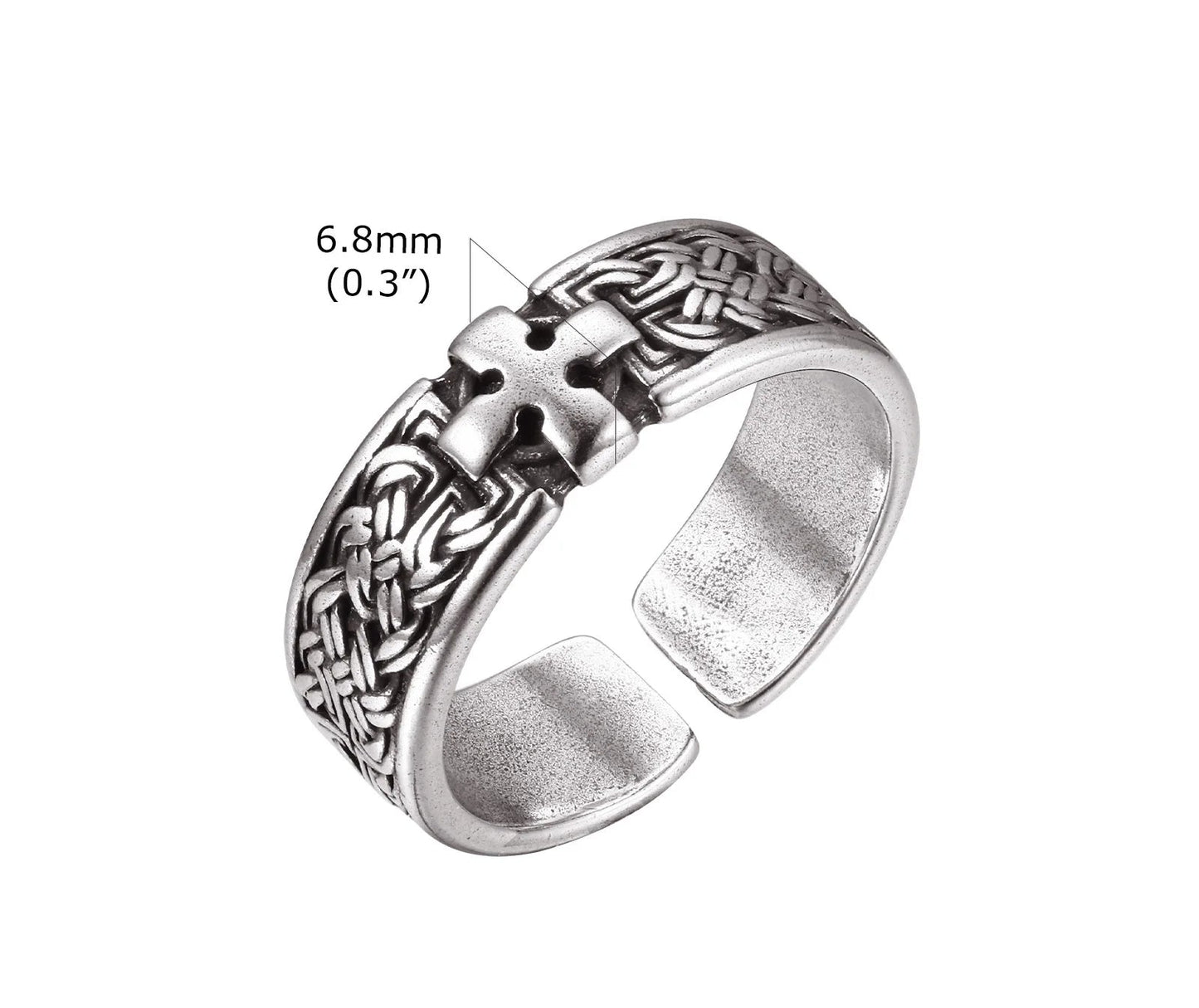 Produktdetail-Grafik des silberfarbenen Edelstahl-Rings mit Kreuz-Muster und Breitenangabe (6.8mm oder 0.3 Zoll).