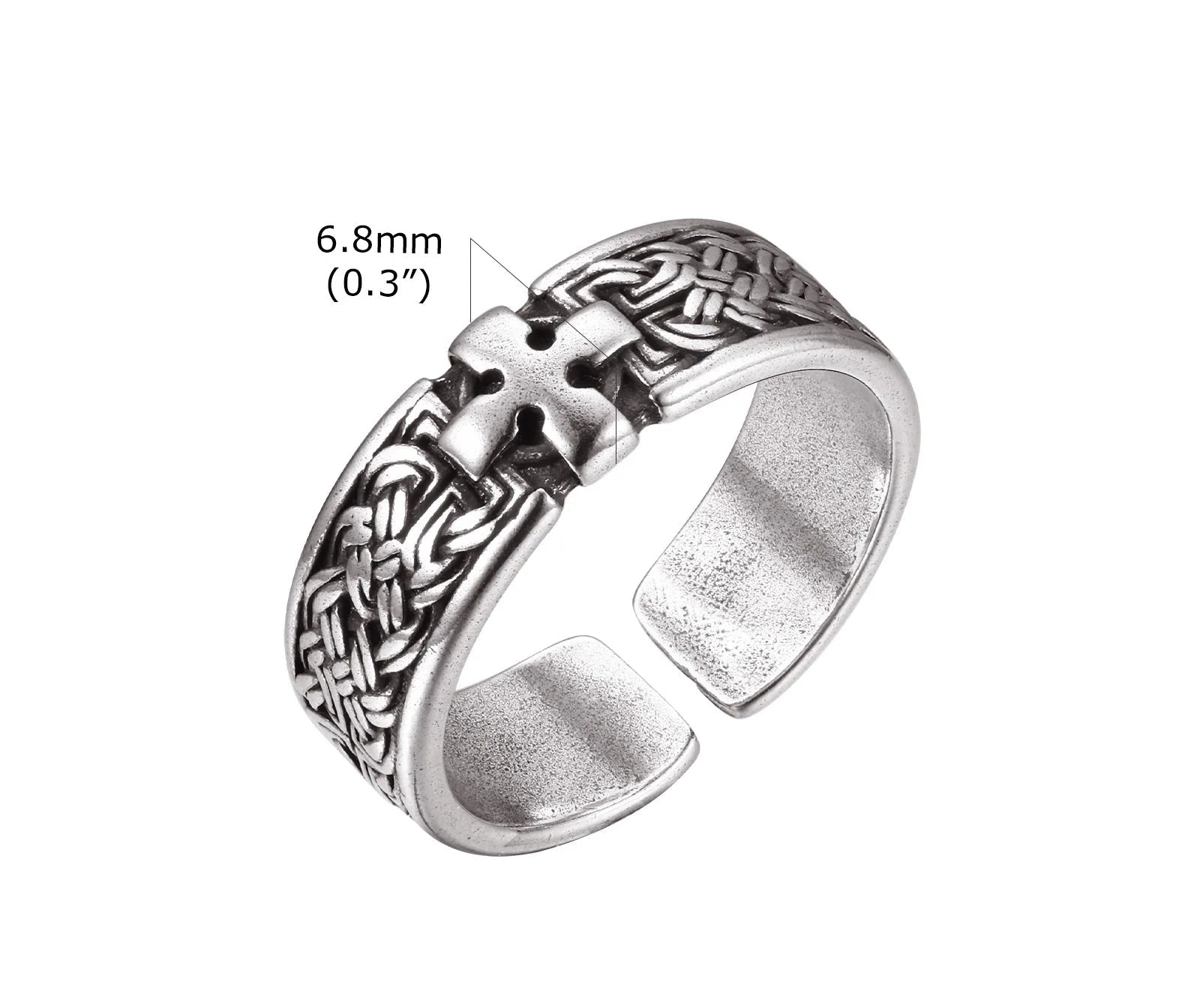 Produktdetail-Grafik des silberfarbenen Edelstahl-Rings mit Kreuz-Muster und Breitenangabe (6.8mm oder 0.3 Zoll).