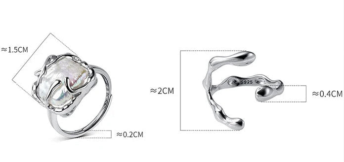 Technische Zeichnung eines offenen 925er Silberrings im Wickel- oder Schlangen-Design mit einem strukturierten, unregelmäßigen Stein-Element, inklusive Maßangaben.