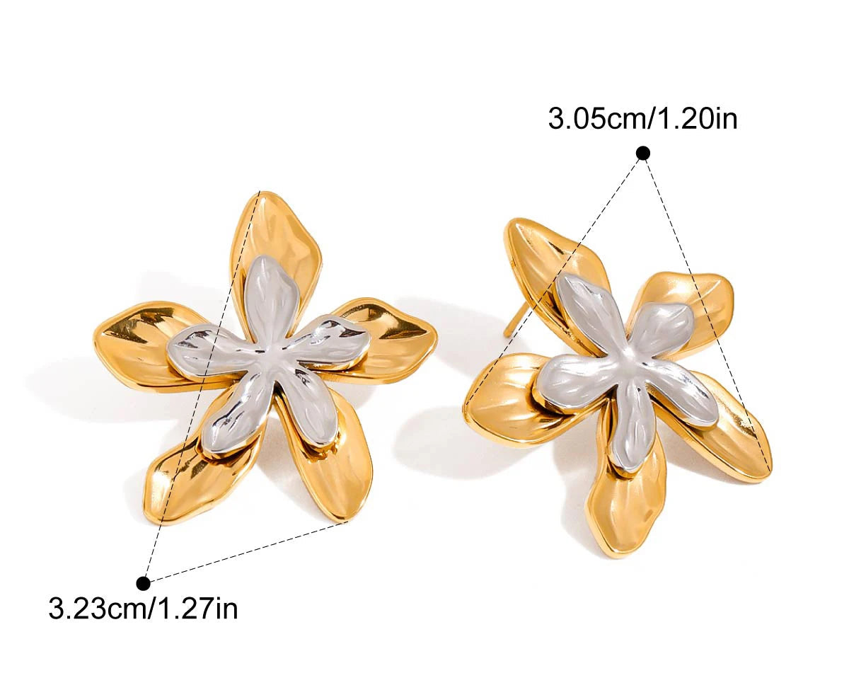 Technische Maße eines Paares Bicolor Blumen-Ohrringe (Gold/Silber) aus PVD 18K vergoldetem Edelstahl