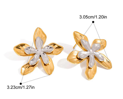 Technische Maße eines Paares Bicolor Blumen-Ohrringe (Gold/Silber) aus PVD 18K vergoldetem Edelstahl