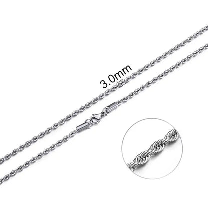 Detailansicht einer 3.0mm breiten silberfarbenen Edelstahl-Kordelkette, mit Querschnittsdarstellung.