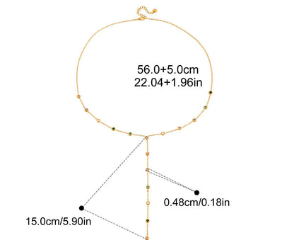 Maßskizze einer feinen goldenen Y-Kette: Halsumfang 56 plus 5 cm Verlängerung, herabhängendes Element 15 cm lang, Kristall-Durchmesser 0,48 cm.