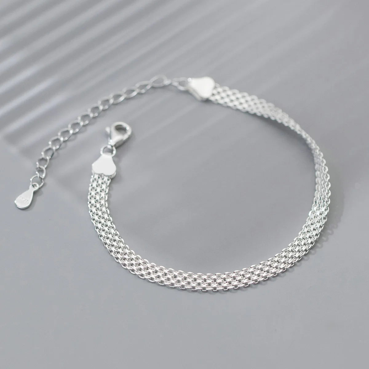 Flaches 925 Sterling Silber Geflecht-Armband mit Karabinerverschluss und verstellbarem Verlängerungskettchen