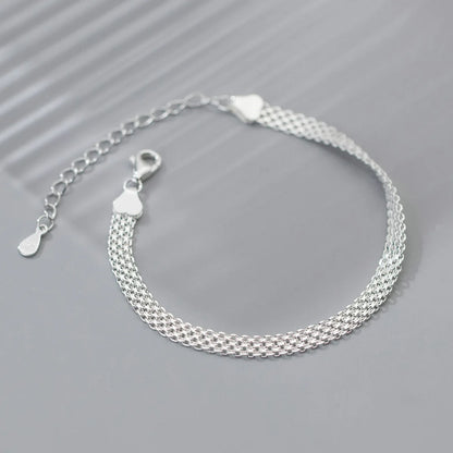 Flaches 925 Sterling Silber Geflecht-Armband mit Karabinerverschluss und verstellbarem Verlängerungskettchen