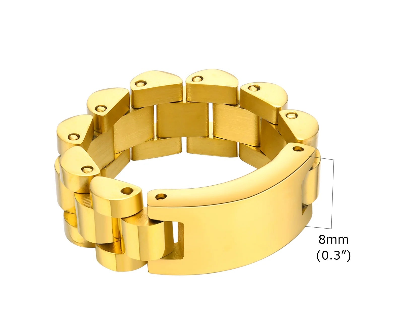 Produktdetail des goldfarbenen Edelstahl-Rings mit Größenangabe 8mm Breite (0.3 Zoll).
