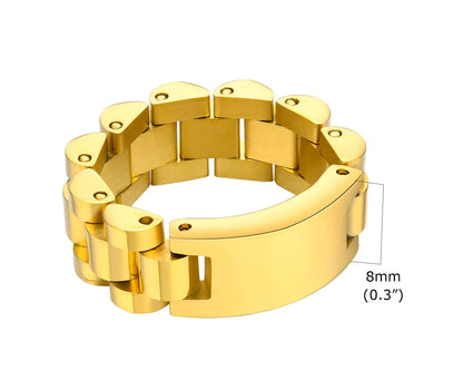 Produktdetail des goldfarbenen Edelstahl-Rings mit Größenangabe 8mm Breite (0.3 Zoll).