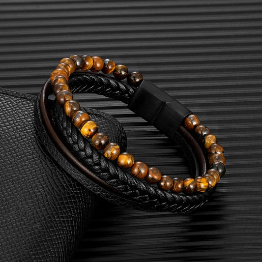 Pello 7-Chakra Multilayer Lederarmband Tigerauge spirituelles Herrenarmband
