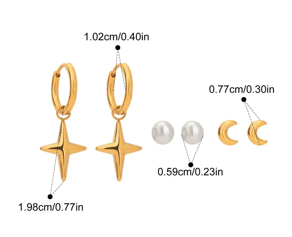 Grafische Darstellung des kompletten Sets aus goldenen Edelstahl-Ohrringen mit 18K PVD-Vergoldung, die verschiedene Kreolen und Ohrstecker in Stern-, Kreuz- und Halbmondform zeigen. Die Maße sind ebenfalls angegeben.