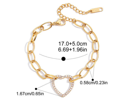 Übersicht der Produktabmessungen für das verstellbare 18K vergoldete Edelstahl-Gliederarmband mit Herz-Element