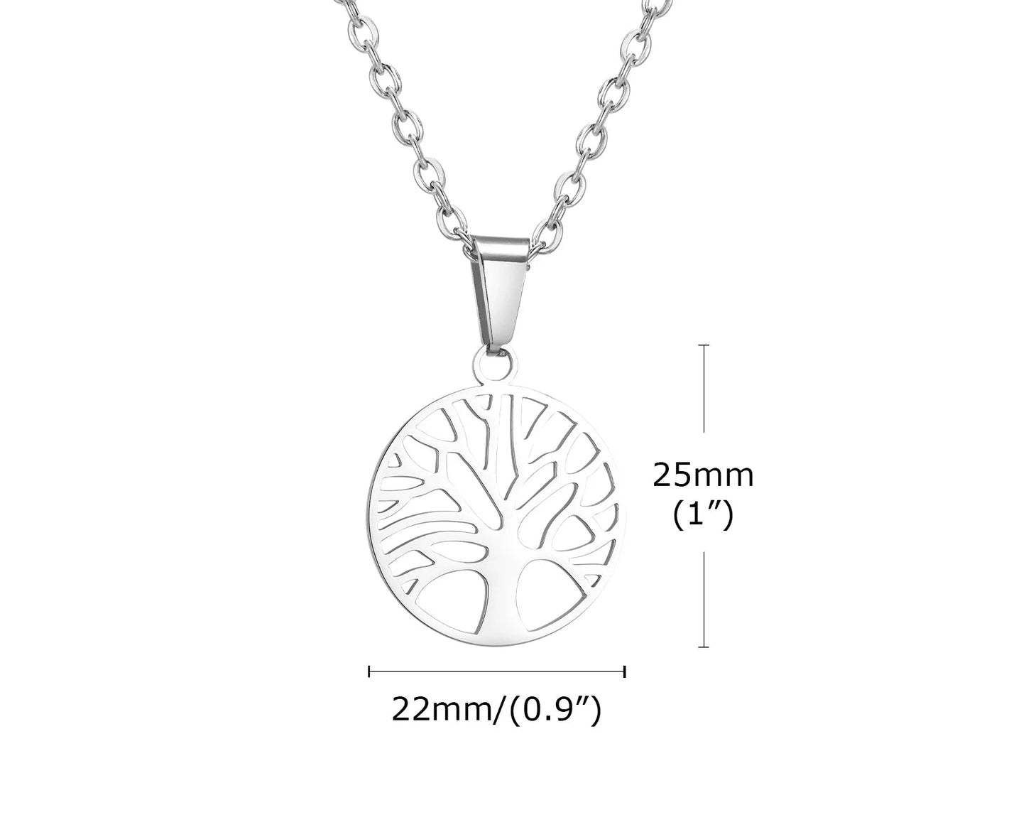 Technische Zeichnung der silberfarbenen Lebensbaum-Kette mit den Maßen des Medaillons (22mm Durchmesser) und der Kette.