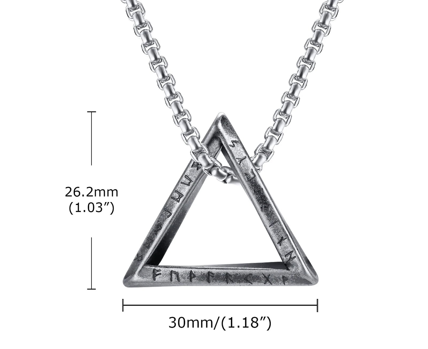 Technische Zeichnung einer silberfarbenen Edelstahlkette mit offenem dreieckigen Anhänger, Maße 26,8mm x 30mm.