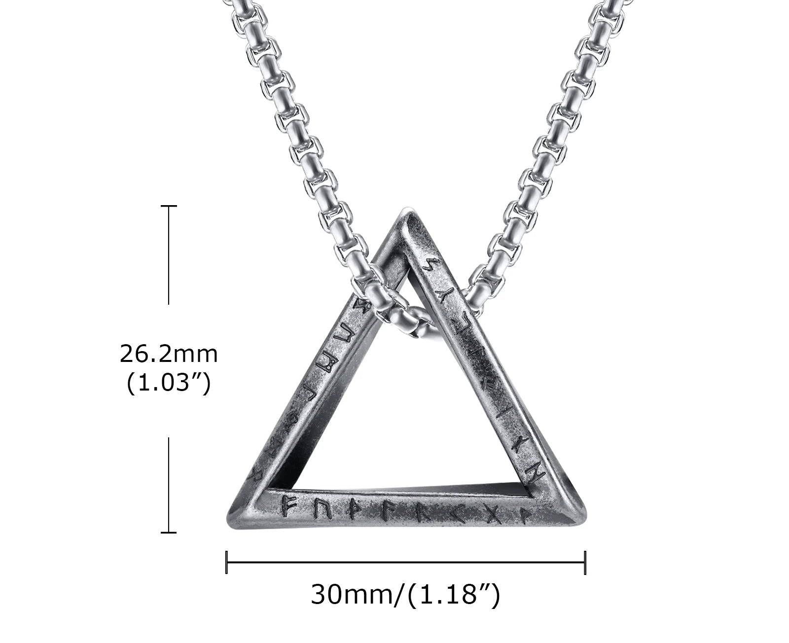 Technische Zeichnung einer silberfarbenen Edelstahlkette mit offenem dreieckigen Anhänger, Maße 26,8mm x 30mm.