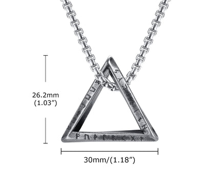 Technische Zeichnung einer silberfarbenen Edelstahlkette mit offenem dreieckigen Anhänger, Maße 26,8mm x 30mm.