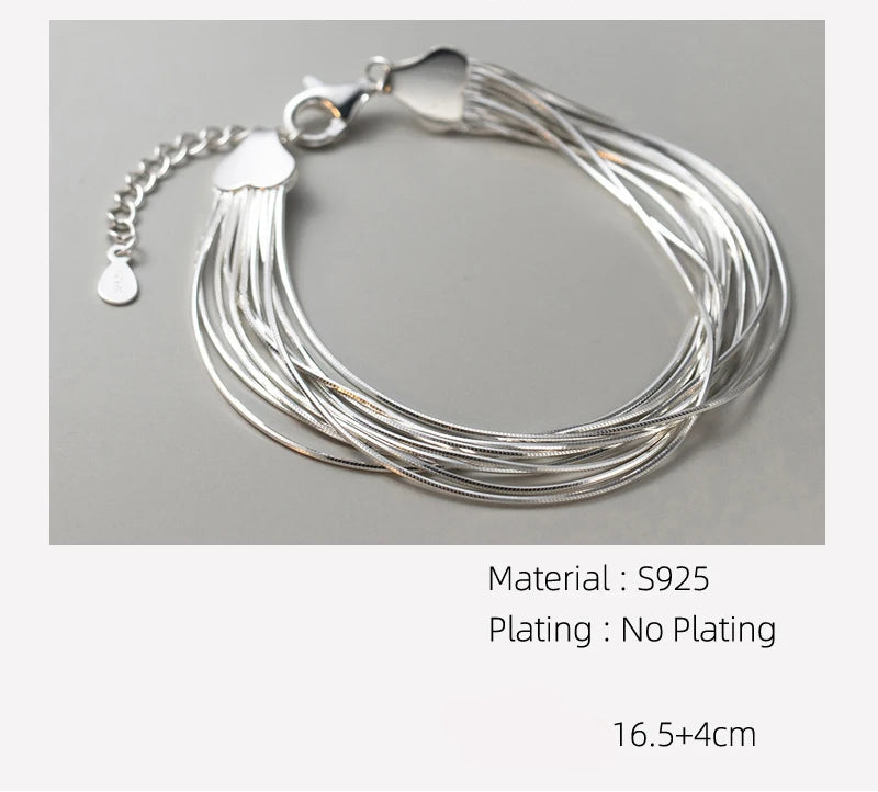 Materialangabe (S925, unplattiert) und Längenmaße (16,5+4 cm) für das voluminöse, mehrsträngige Silberarmband
