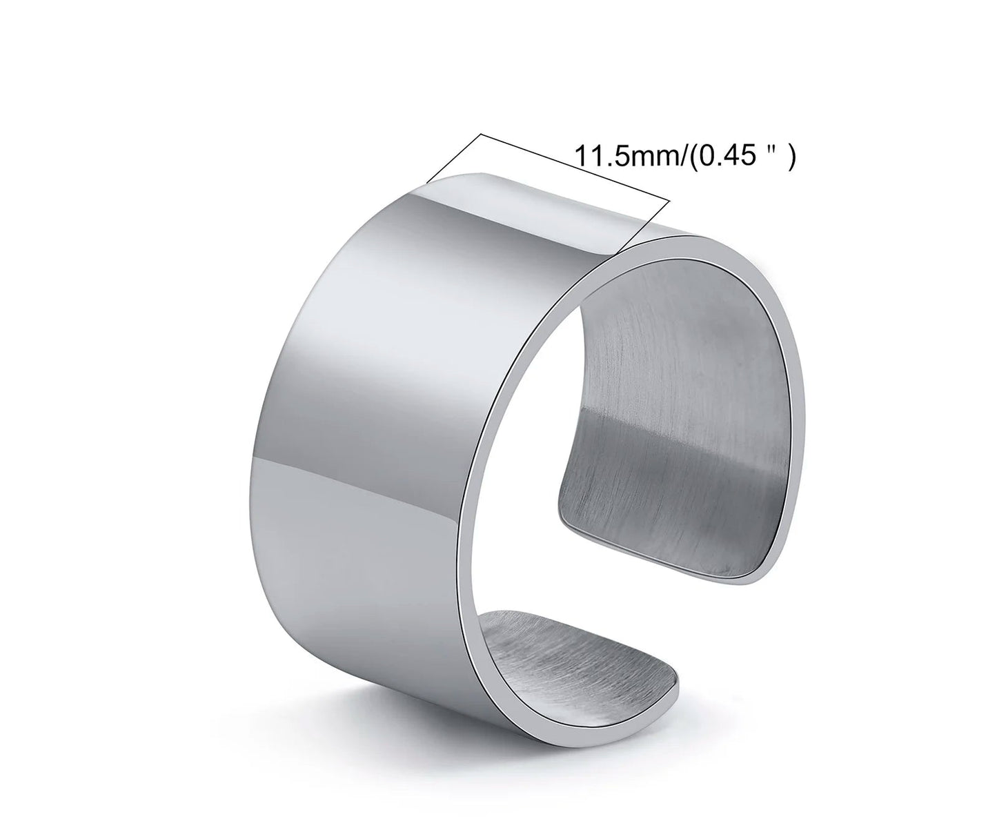Produktgrafik des breitesten Modells: Offener Edelstahlring mit einer Breite von 11,5 mm. Gewicht 5,4g, Material: Edelstahl (Stainless steel).
