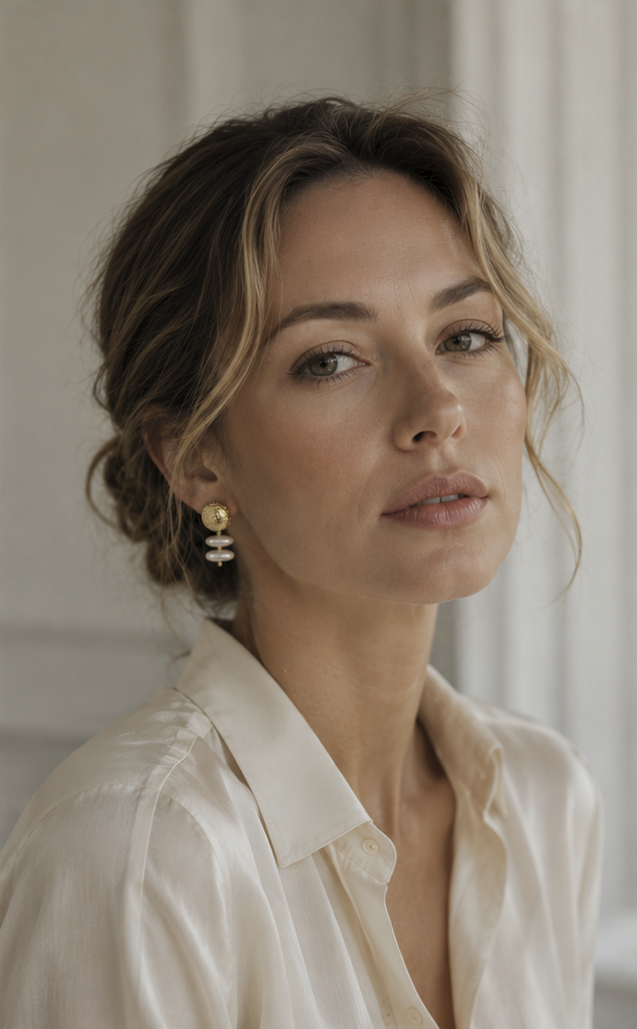 Ganzkörper- oder Porträtfoto eines Models mit lockerer Hochsteckfrisur, das die goldenen Baroque-Perlen-Ohrringe zu einer weißen Seidenbluse trägt.