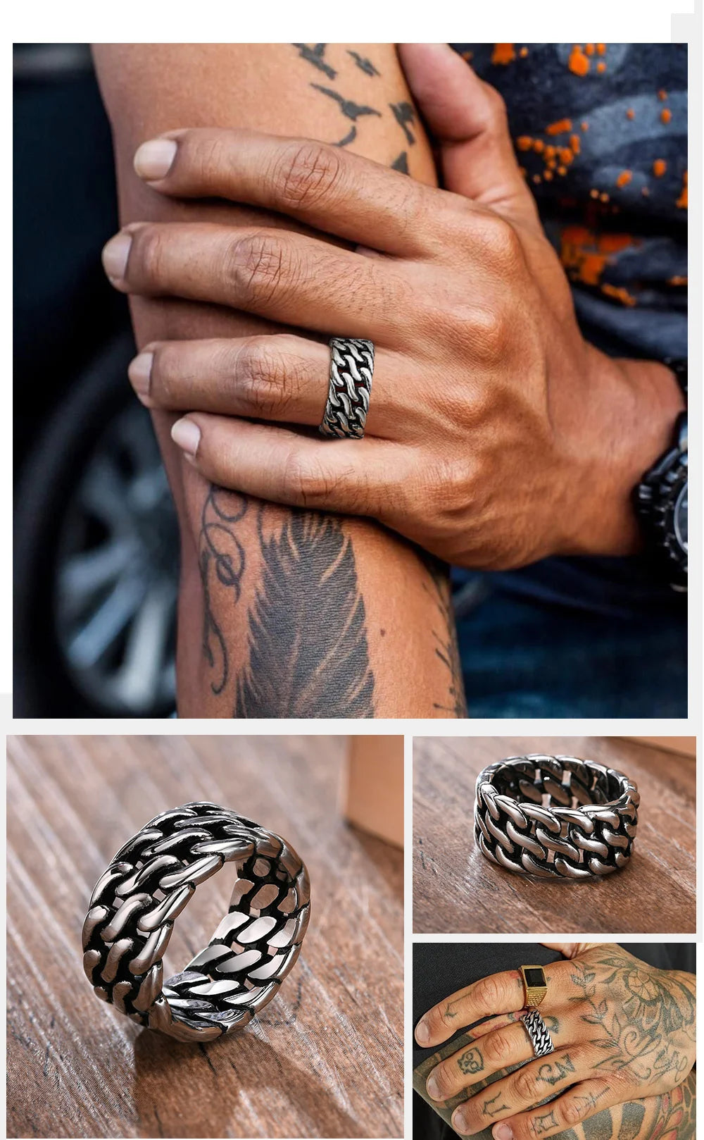 Ein Mann mit Tattoos trägt einen breiten, silberfarbenen Edelstahl-Panzerketten-Ring in einer seitlichen Ansicht.