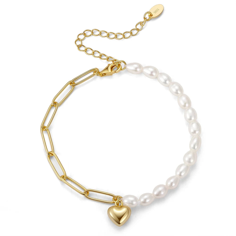Armband aus 14K Gold vergoldetem 925er Sterling Silber, mit Süßwasserperlen, Gliederkette und Herz-Anhänger.