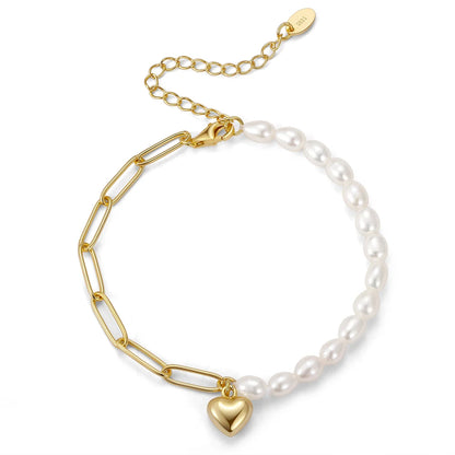Armband aus 14K Gold vergoldetem 925er Sterling Silber, mit Süßwasserperlen, Gliederkette und Herz-Anhänger.