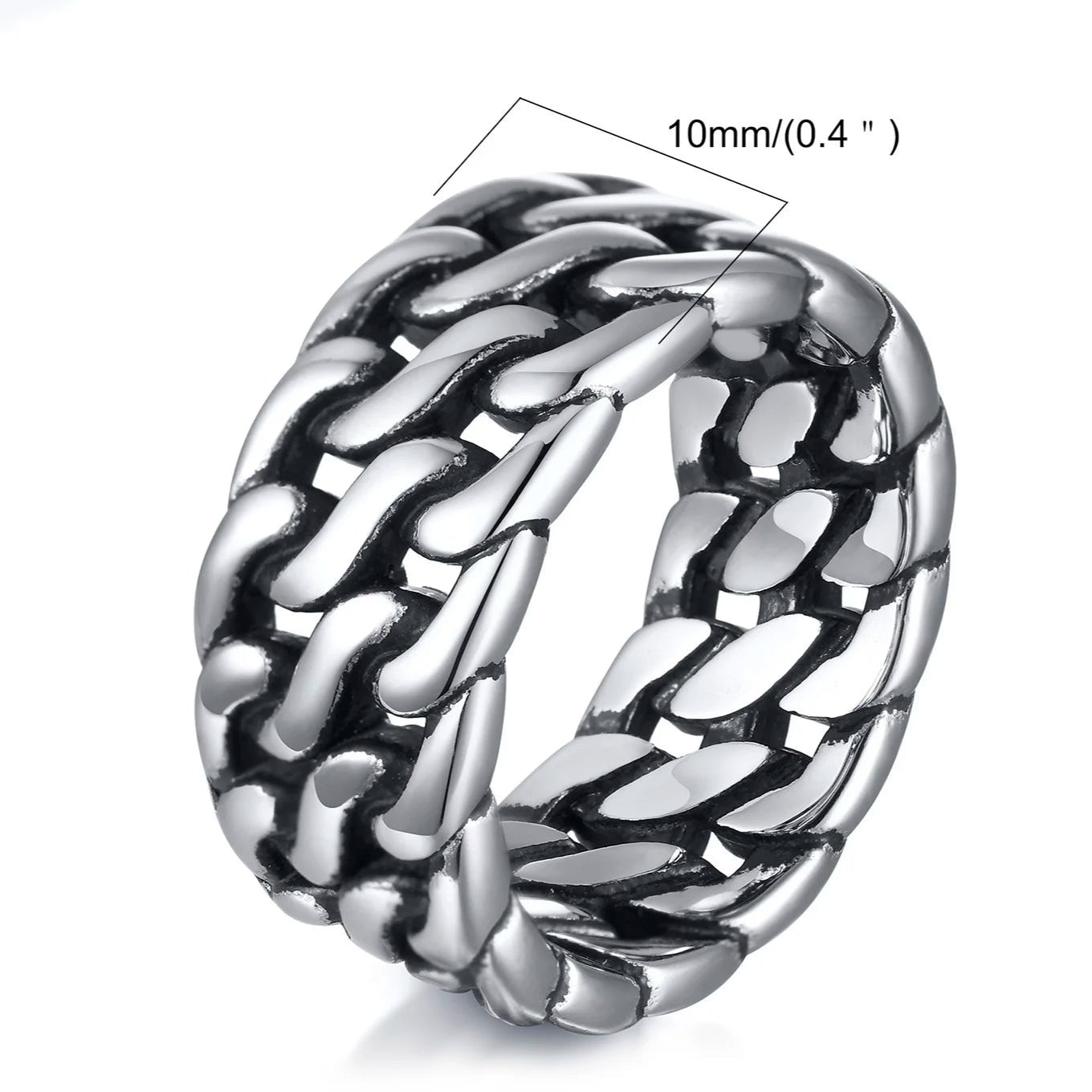 Produktdetail-Grafik des Edelstahl-Rings mit Größenangabe 12mm Breite (0.4 Zoll). Der Ring ist silberfarben.