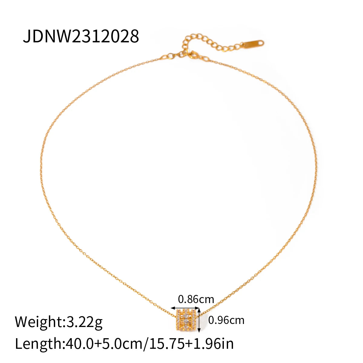 Produktgrafik der Halskette mit Maßangaben: Der Anhänger misst ca. 0,86 cm x 0,96 cm, die Kettenlänge beträgt 40,0 cm plus 5,0 cm Verlängerung. Das Gewicht wird mit 3,22 g angegeben.