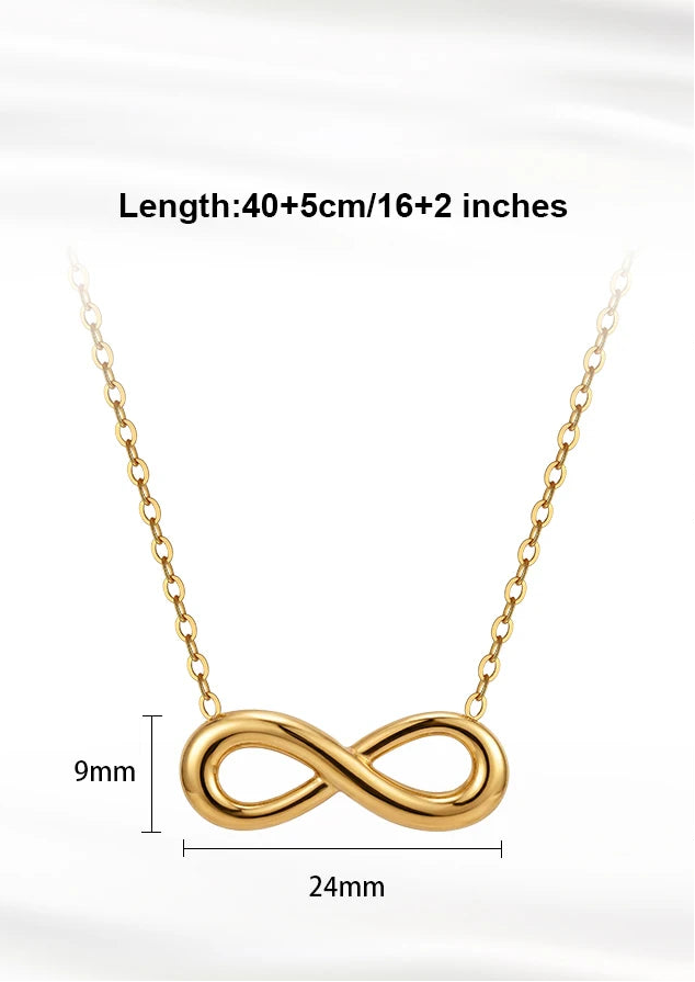 „Infografik zur Infinity-Kette: Anhängermaße 24mm x 9mm, Kettenlänge 40cm plus 5cm Verlängerung, robustes Edelstahl-Material.“