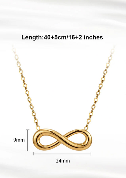 „Infografik zur Infinity-Kette: Anhängermaße 24mm x 9mm, Kettenlänge 40cm plus 5cm Verlängerung, robustes Edelstahl-Material.“