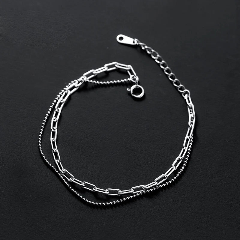 Zweireihiges Damen-Armband aus 925 Sterling Silber mit Platin-Plattierung, bestehend aus einer Paperclip-Gliederkette und einer feinen Kügelchenkette