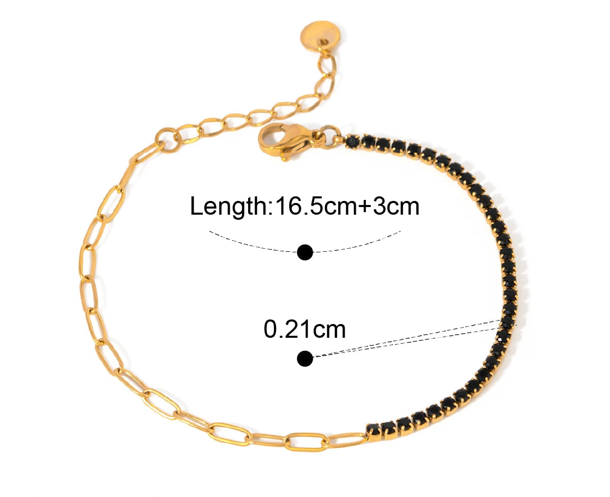 „Produktdetails zum schwarzen Zirkonia-Armband aus Edelstahl: Länge 16,5 cm + 3 cm Verlängerung, Breite 0,21 cm.“