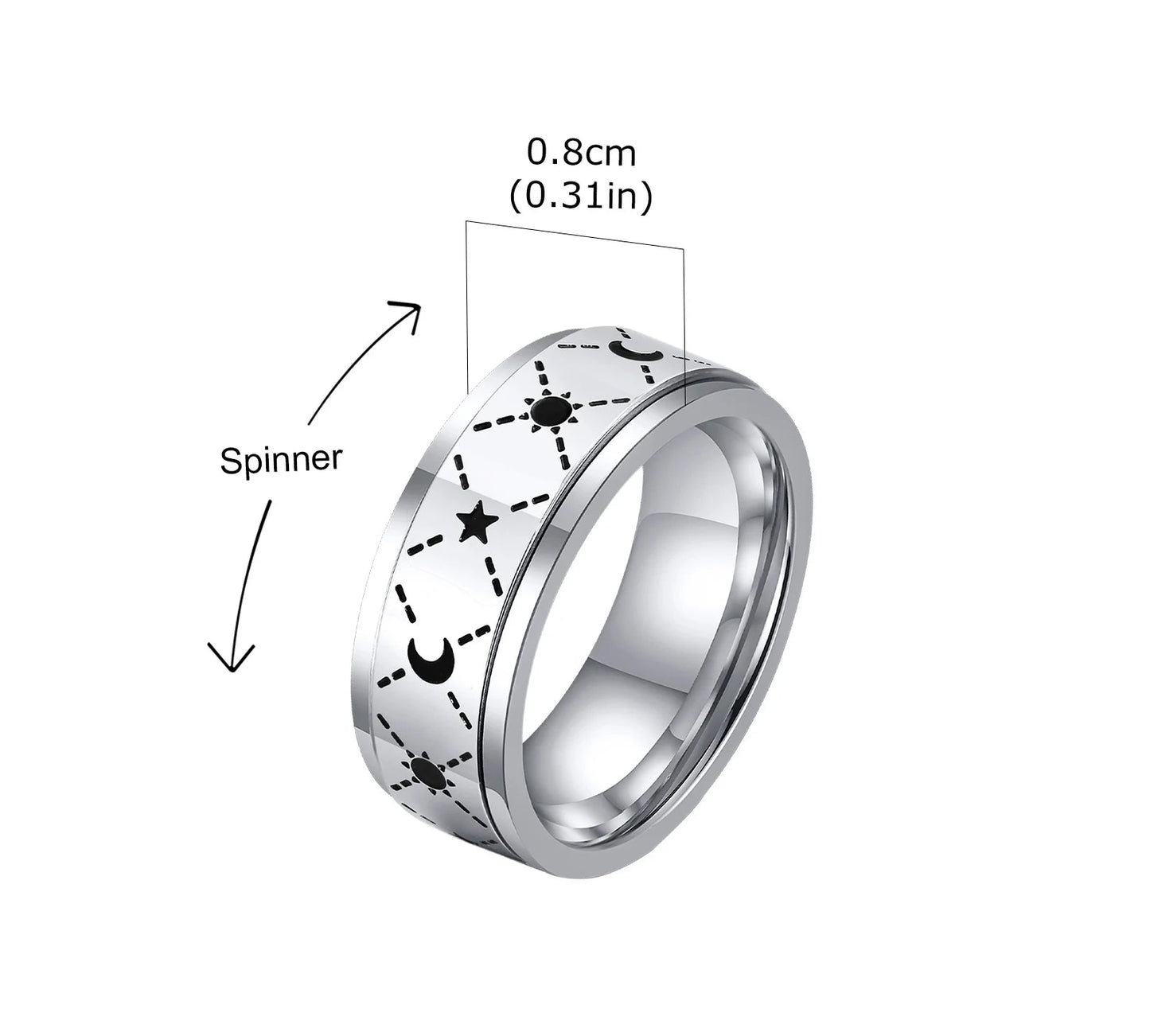 Produktdetail-Grafik des silberfarbenen Edelstahl-Spinner-Rings mit Sternen-Muster. Maße: 8mm Breite (0.32 Zoll).