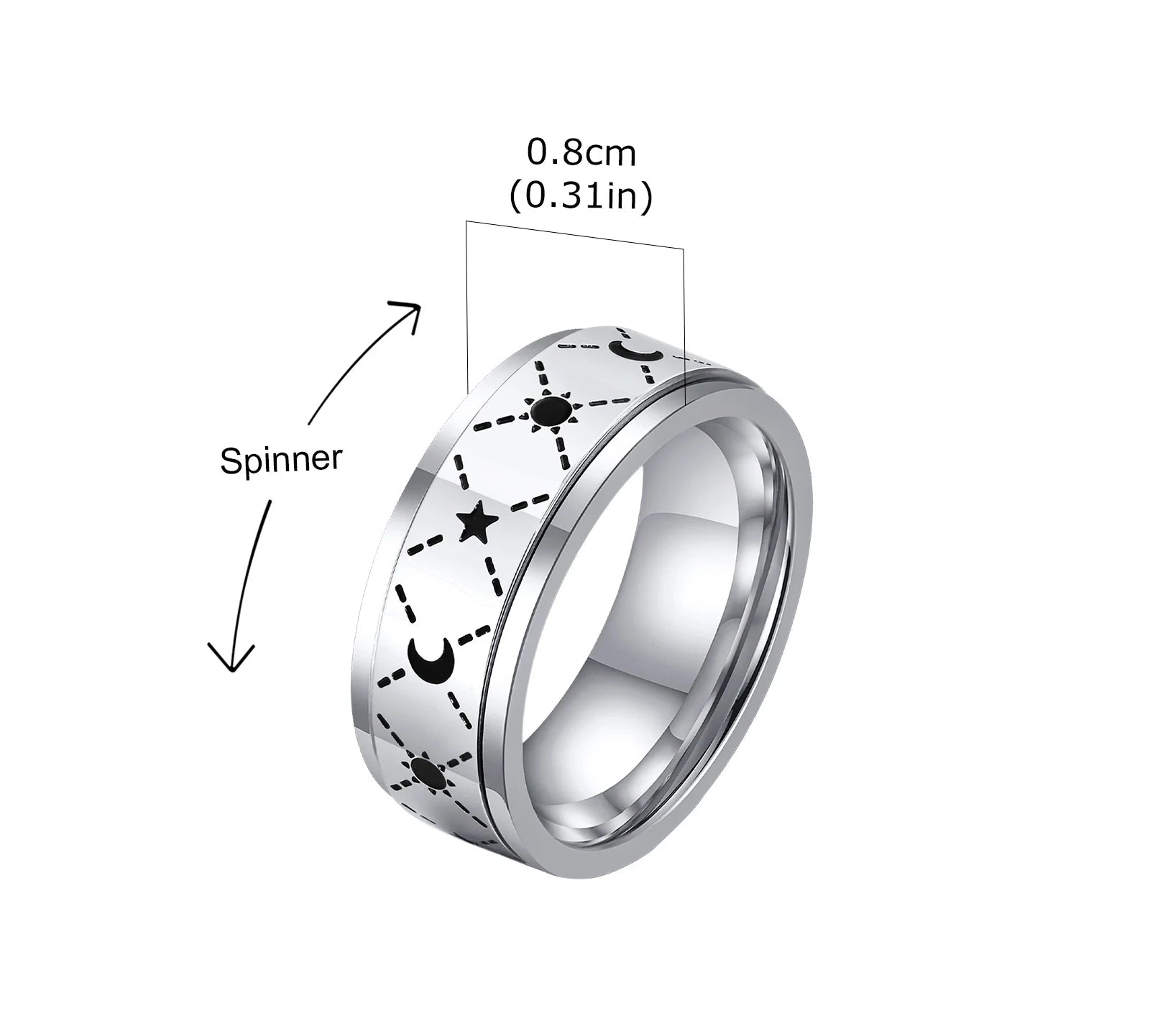 Produktdetail-Grafik des silberfarbenen Edelstahl-Spinner-Rings mit Sternen-Muster. Maße: 8mm Breite (0.32 Zoll).