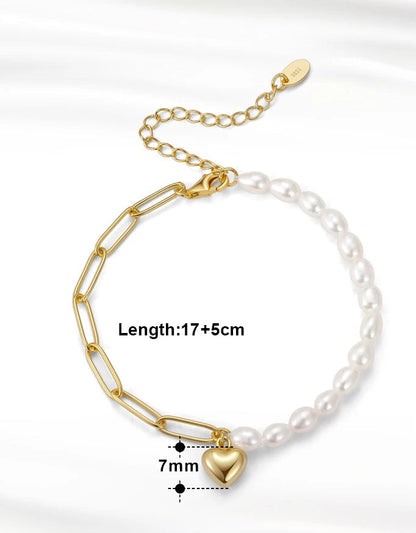 Technische Zeichnung: 14K Gold vergoldetes Armband aus 925er Silber mit Süßwasserperlen, Gliederkette und Herz (Länge 17-19cm).