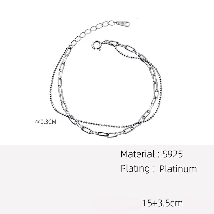 Materialangabe (S925, Platin-Plattierung) und Längenmaße (15+3,5 cm) des zweireihigen Silber-Armbands
