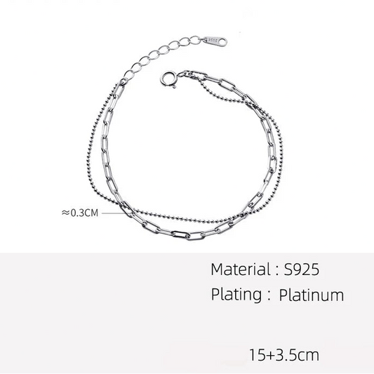 Materialangabe (S925, Platin-Plattierung) und Längenmaße (15+3,5 cm) des zweireihigen Silber-Armbands